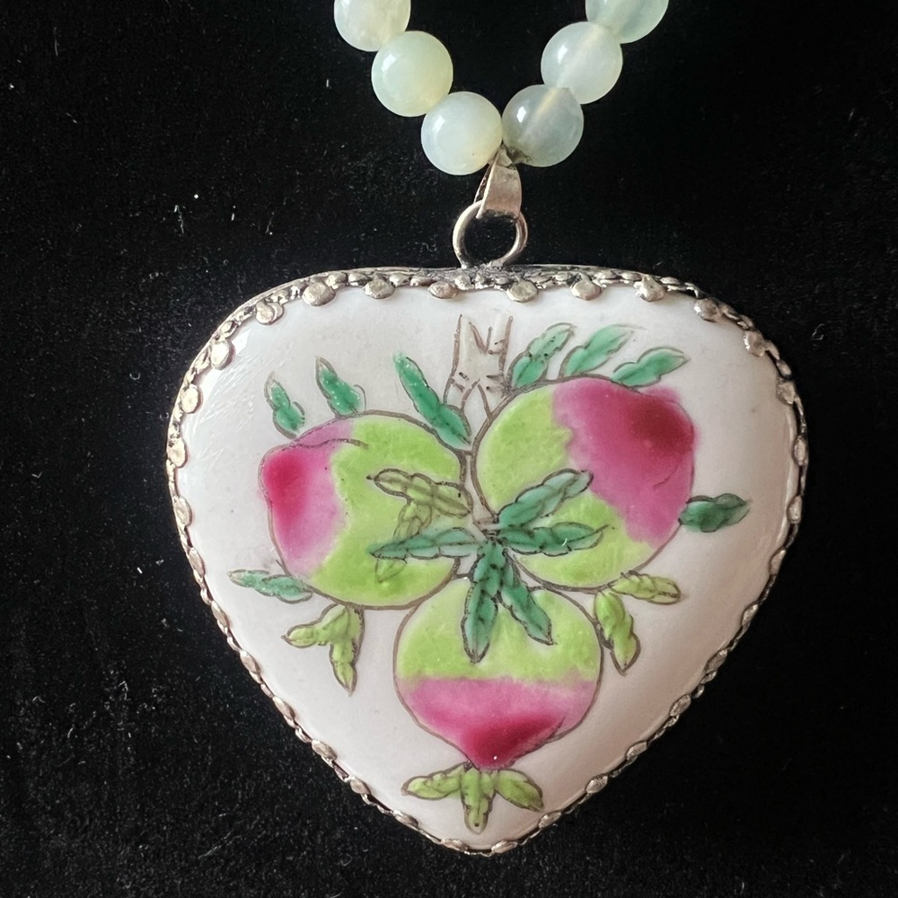 Vintage Heart-Shaped Pink and Green Peach Design Necklace Opalite 17” Silver